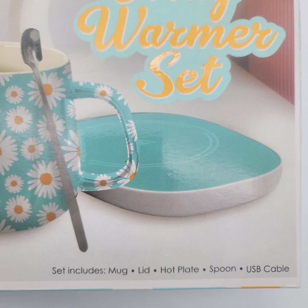 Sarina Daisy Mug Warmer Set Teal Blue Ceramic Cup Lid Spoon USB Hot Plate NIB - Picture 5 of 6